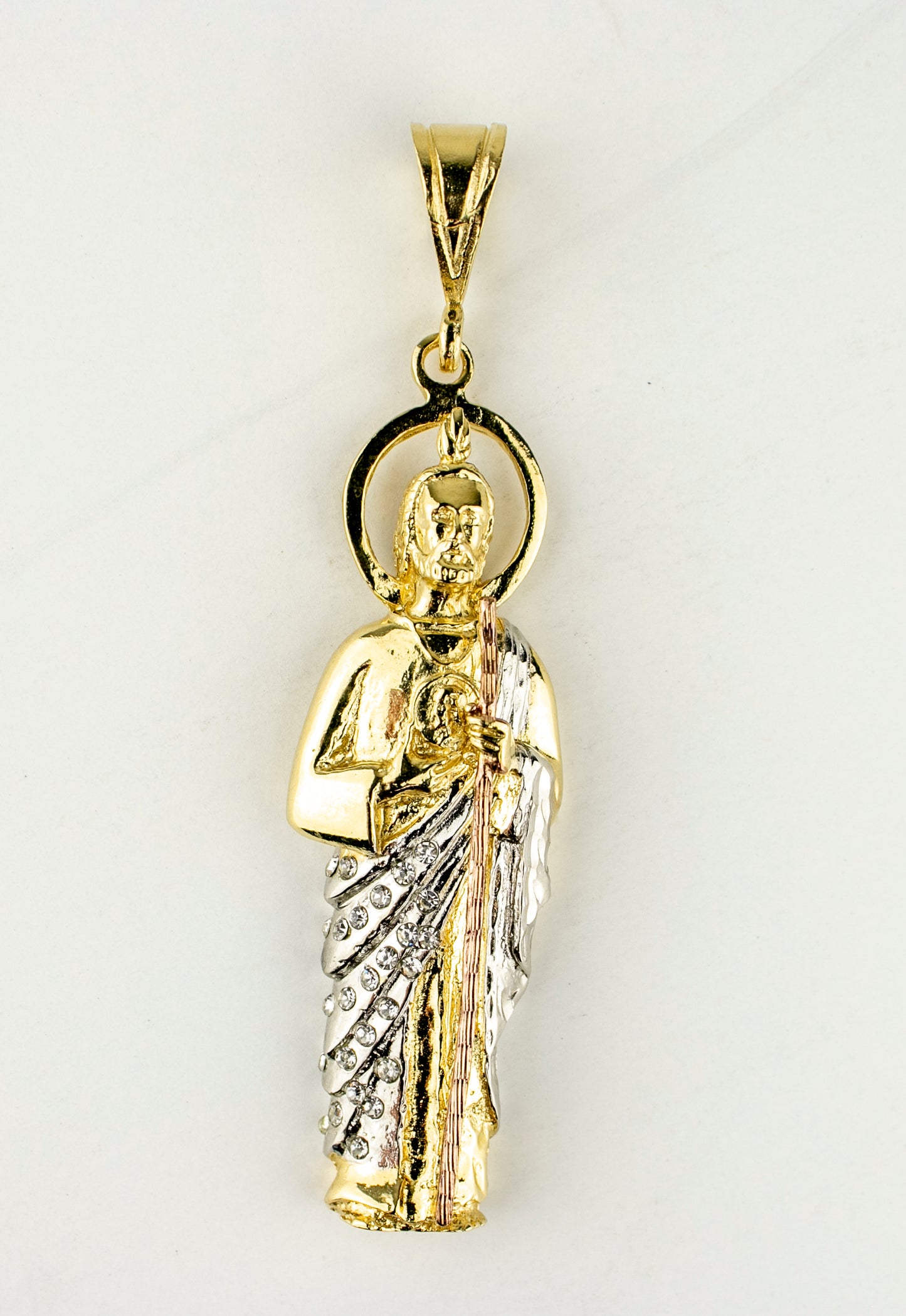 SAN JUDAS CHARM 4" THREE TONES OF GOLD FILLED & CUBIC ZIRCONIA.(DEX-01)