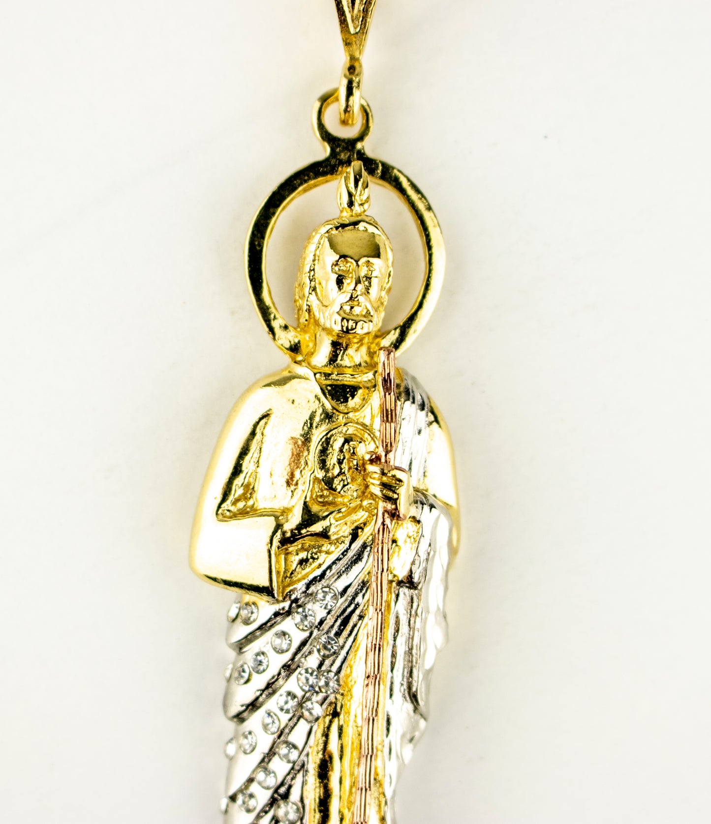 SAN JUDAS CHARM 4" THREE TONES OF GOLD FILLED & CUBIC ZIRCONIA.(DEX-01)