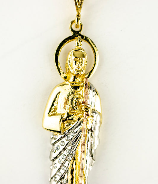 SAN JUDAS CHARM 4" THREE TONES OF GOLD FILLED & CUBIC ZIRCONIA.(DEX-01)