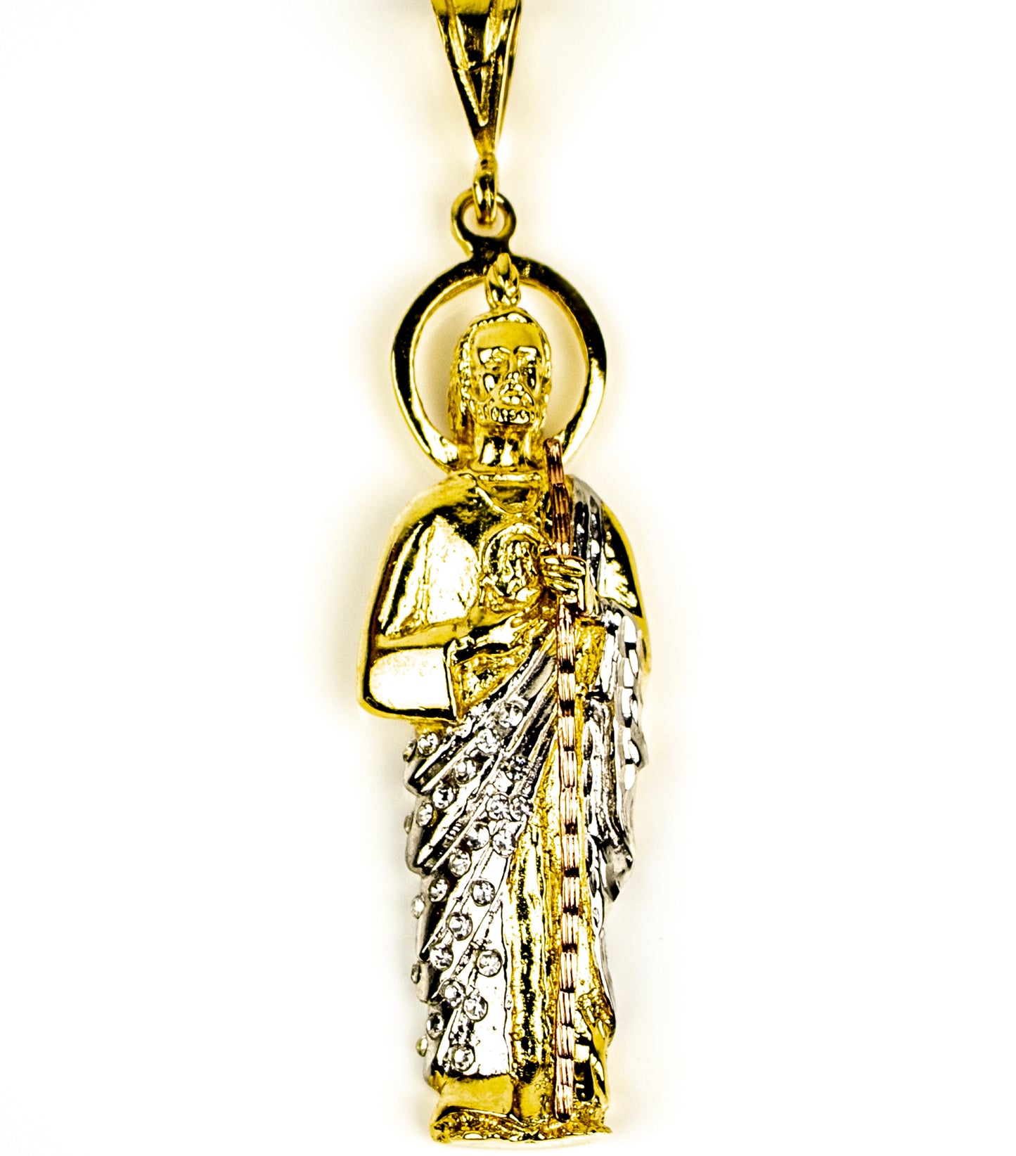 SAN JUDAS CHARM 4" GOLD FILLED & CUBIC ZIRCONIA. (DEX-01)