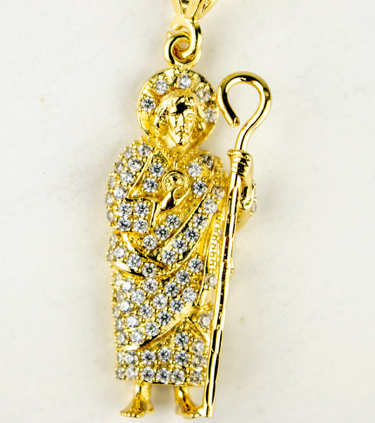 SAN JUDAS CHARM 1.5" GOLD FILLED & CUBIC ZIRCONIA. (DEX-96-01)