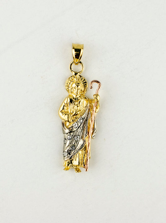 SAN JUDAS CHARM 1.5" GOLD FILLED & CUBIC ZIRCONIA. (DP-146)