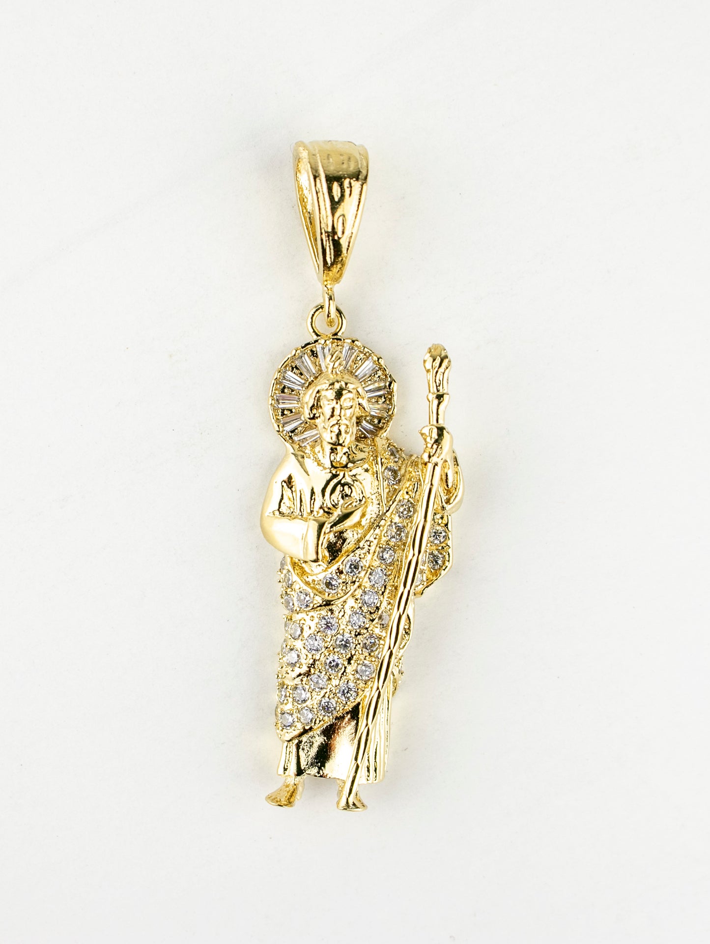 SAN JUDAS CHARM 2.5" GOLD FILLED & CUBIC ZIRCONIA. (DP-159)