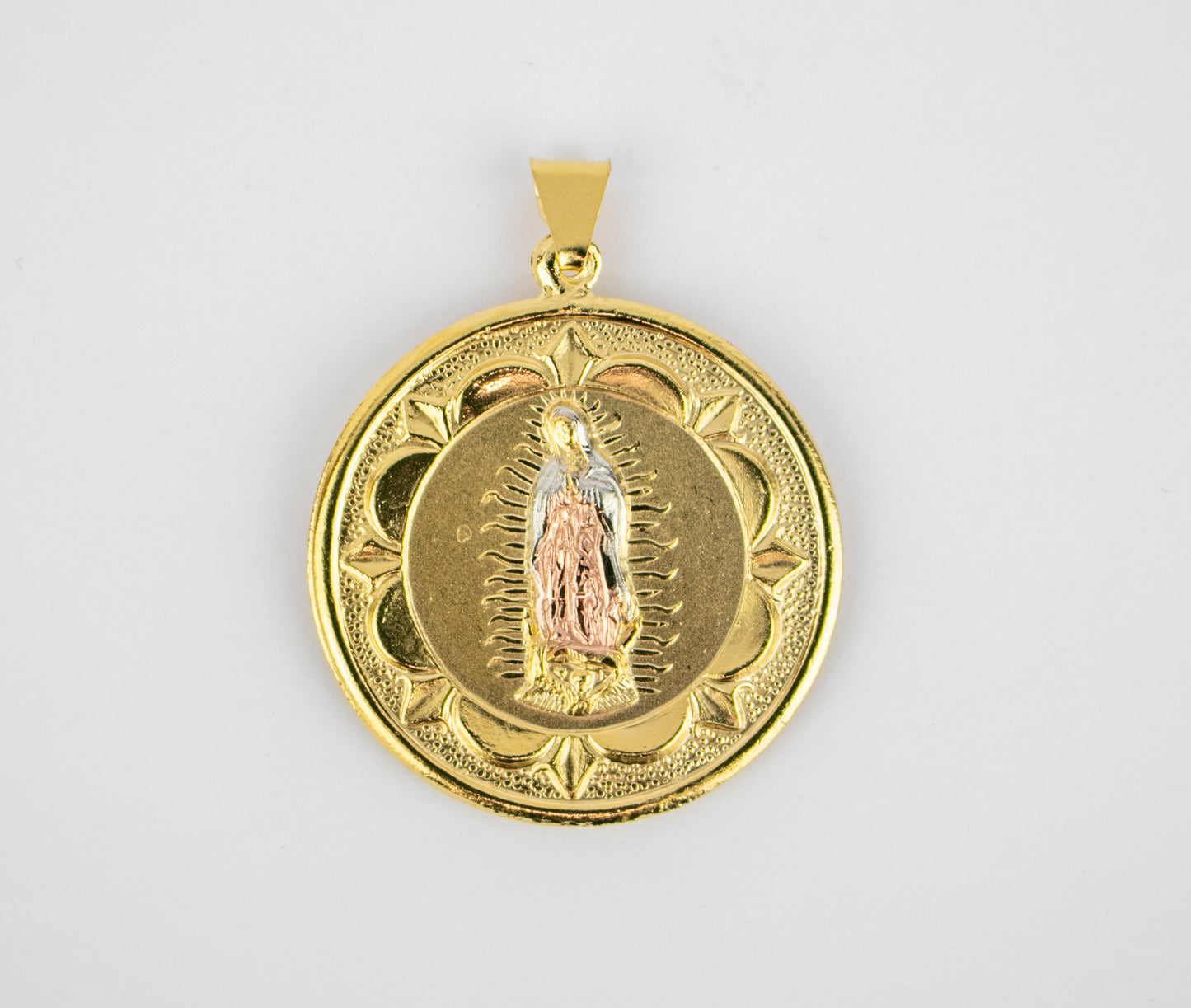 VIRGEN & SAGRADO CORAZON 3 TONES MEDAL 1" GOLD FILLED (MED-03)