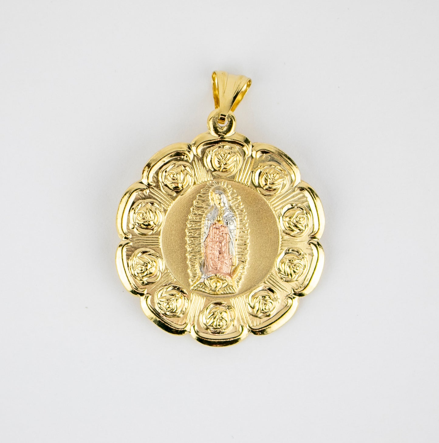 MEDALLA CON VIRGEN DE GUADALUPE Y SAGRADO CORAZON 3 TONES 1" (MED-ES89)