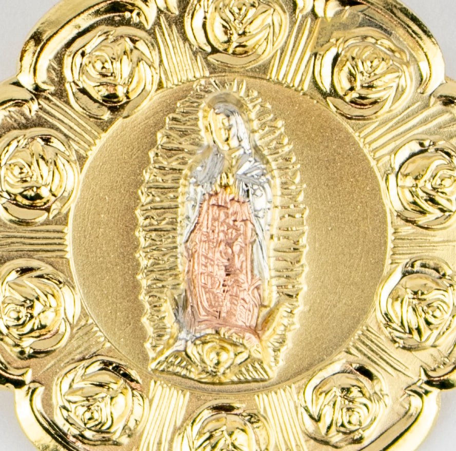 MEDALLA CON VIRGEN DE GUADALUPE Y SAGRADO CORAZON 3 TONES 1" (MED-ES89)