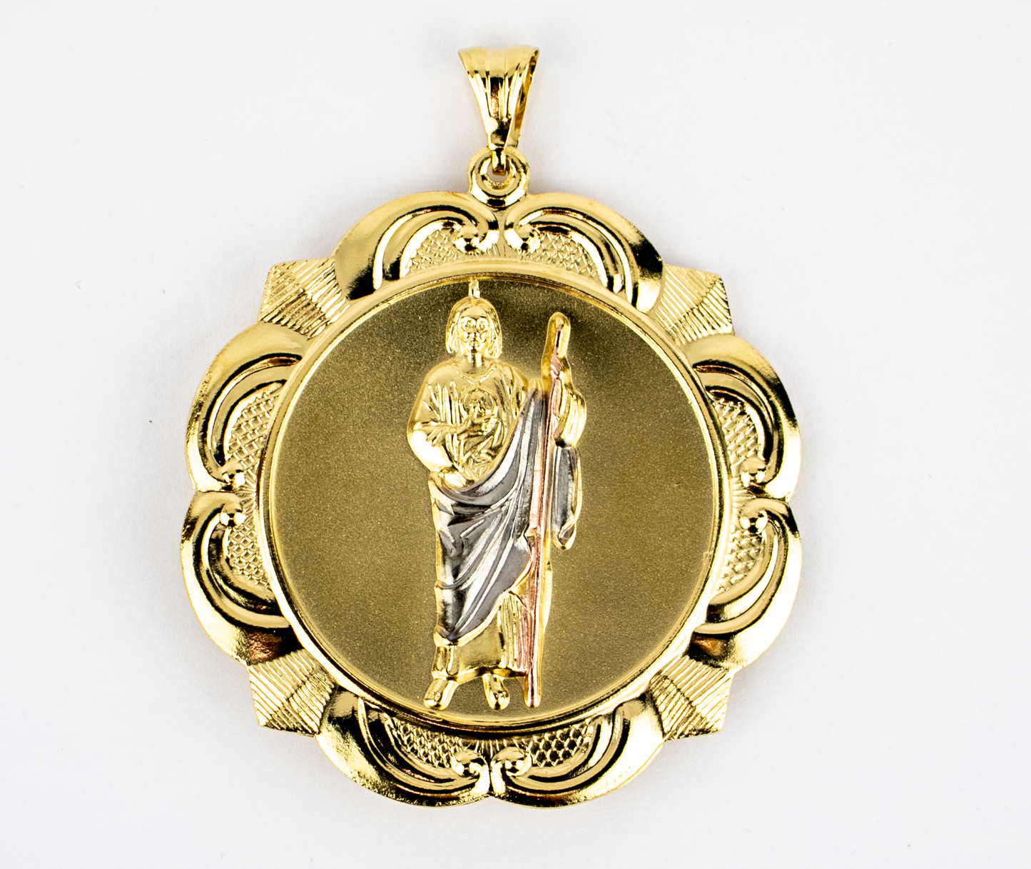 FLOWER SHAPE MEDAL VIRGEN Y SAN JUDAS THREE 2 1/2" GOLD FILLED (VG-SJ-08)