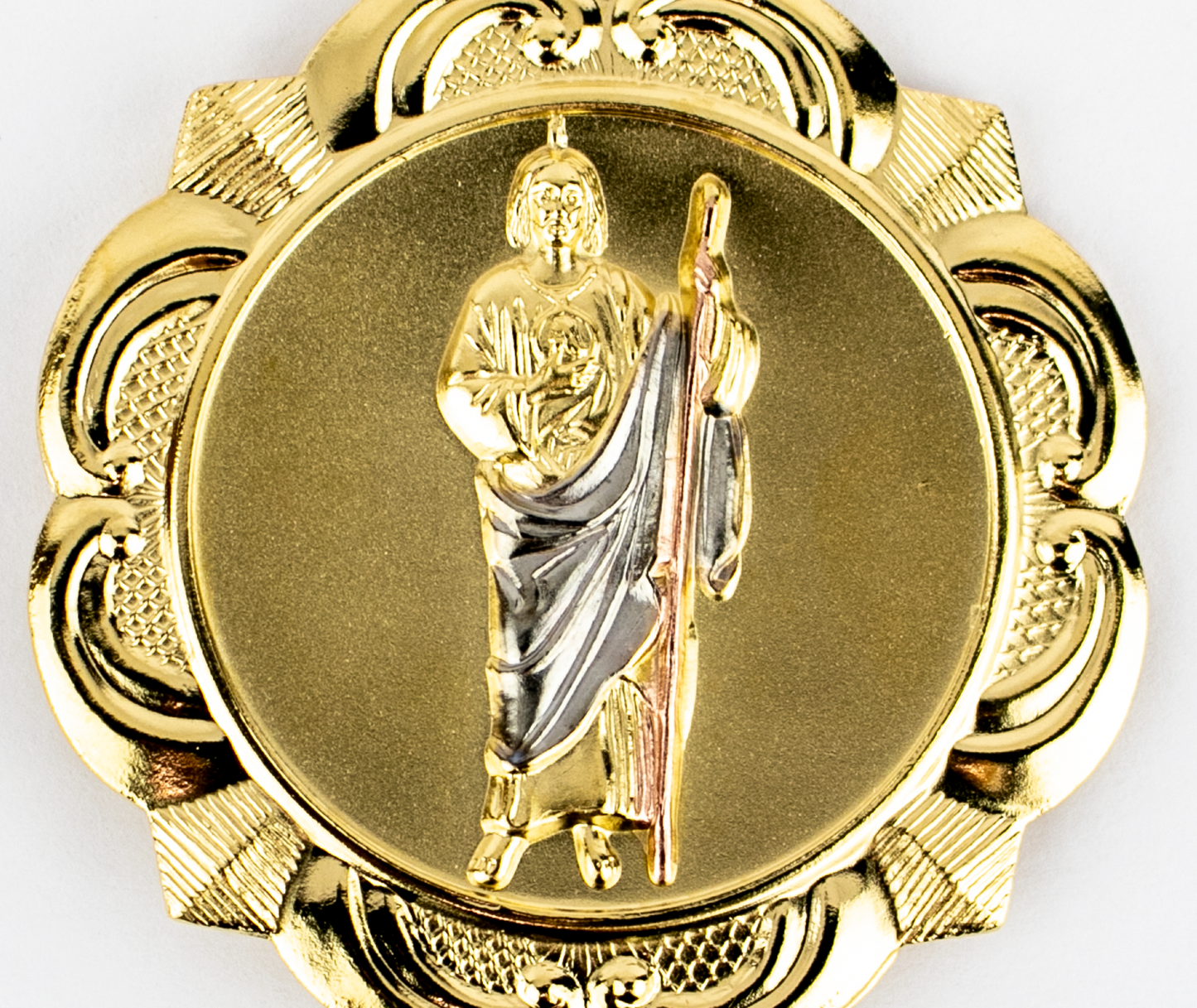 FLOWER SHAPE MEDAL VIRGEN Y SAN JUDAS THREE 2 1/2" GOLD FILLED (VG-SJ-08)
