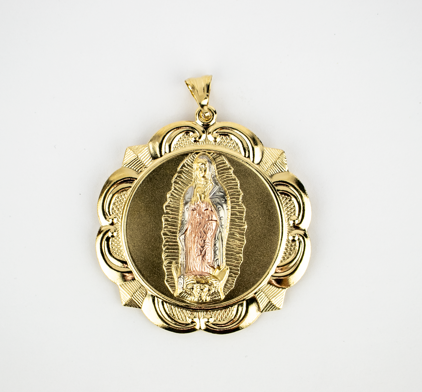 FLOWER SHAPE MEDAL VIRGEN Y SAN JUDAS THREE 2 1/2" GOLD FILLED (VG-SJ-08)
