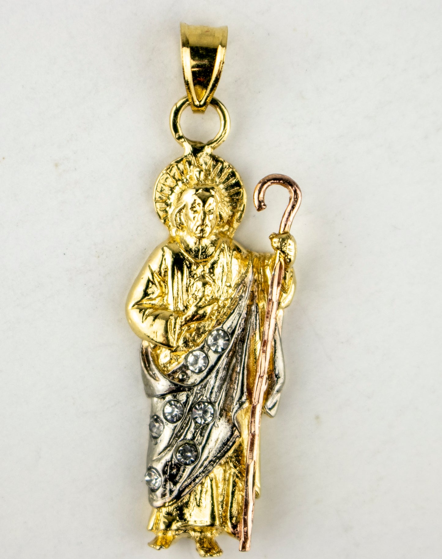 SAN JUDAS CHARM 1.5" GOLD FILLED & CUBIC ZIRCONIA. (DP-146)