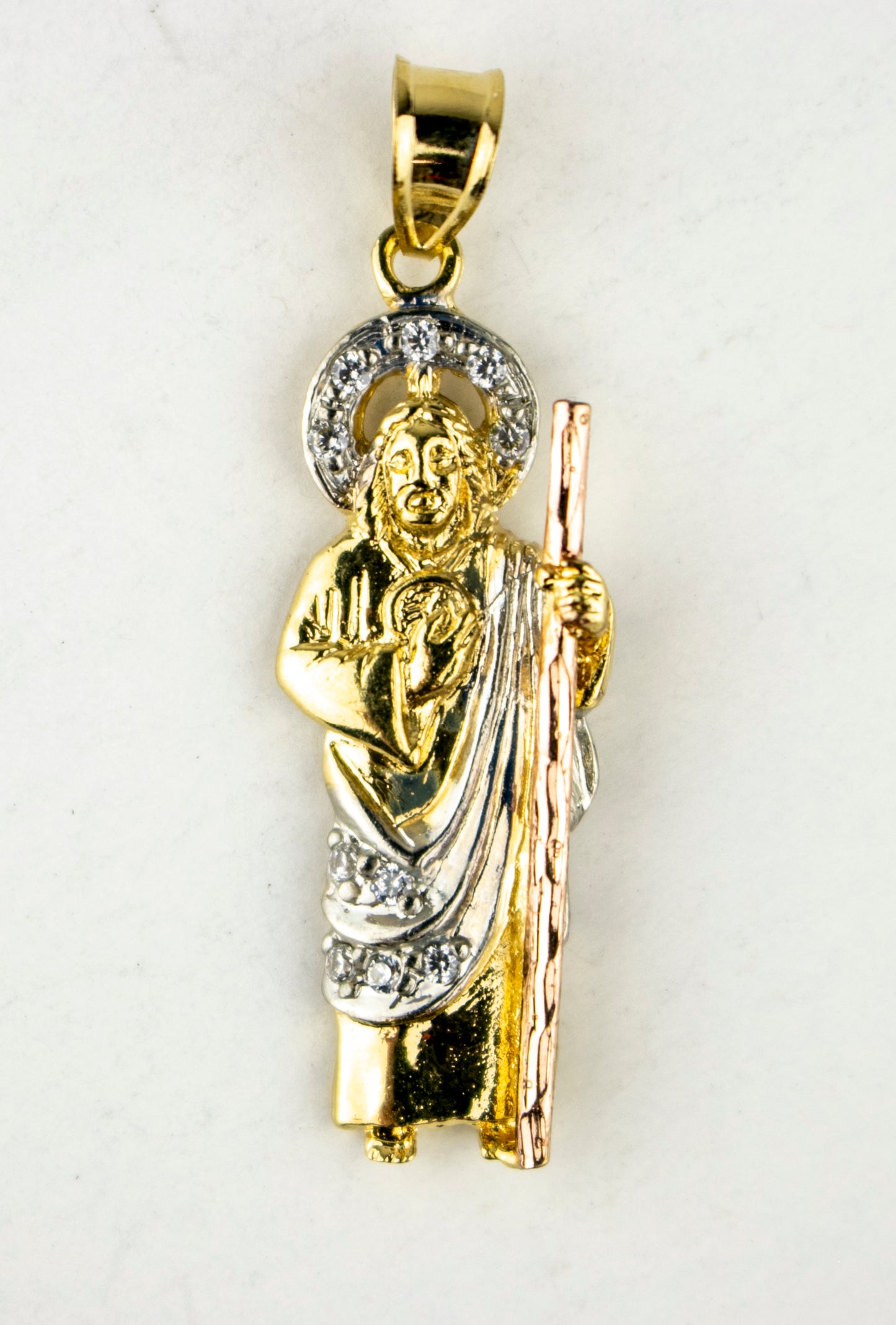 SAN JUDAS CHARM GOLD FILLED THREE TONES & CUBIC ZIRCONIA 1 1/4". (DP-66)