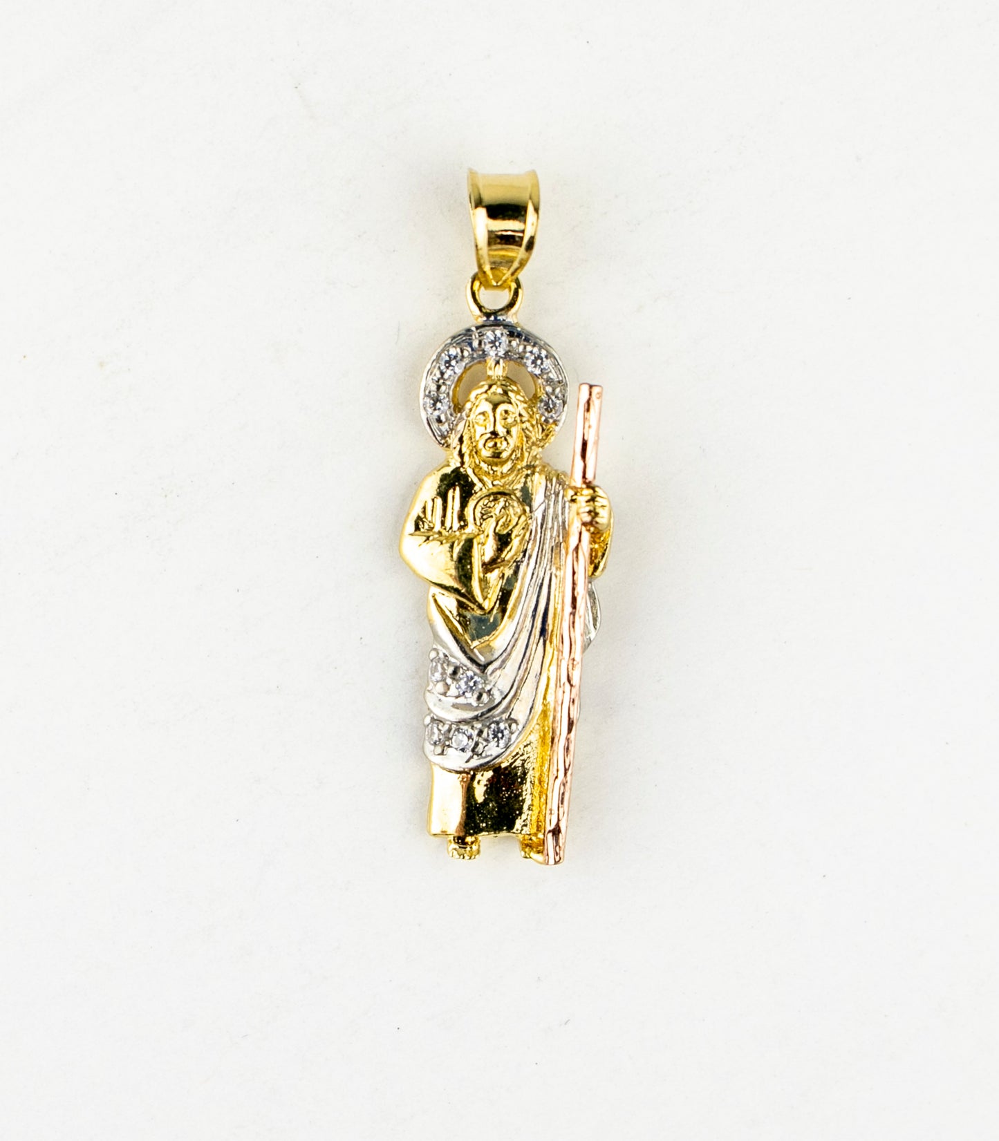 SAN JUDAS CHARM GOLD FILLED THREE TONES & CUBIC ZIRCONIA 1 1/4". (DP-66)