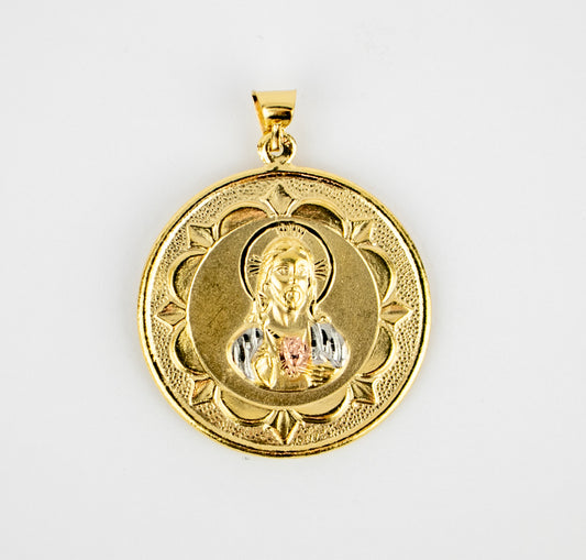 VIRGEN & SAGRADO CORAZON 3 TONES MEDAL 1" GOLD FILLED (MED-03)