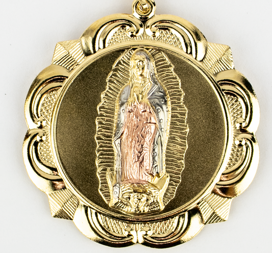 FLOWER SHAPE MEDAL VIRGEN Y SAN JUDAS THREE  2 1/2" GOLD FILLED (VG-SJ-08)