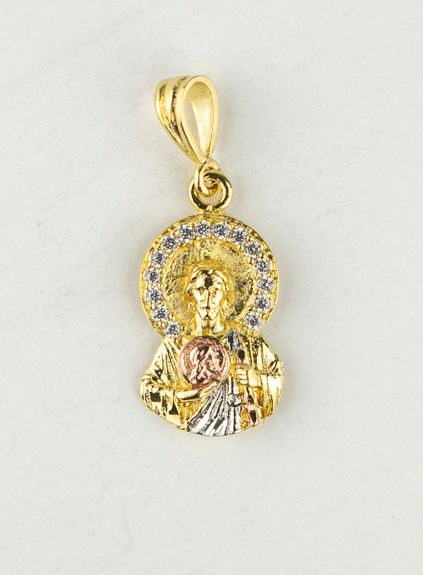 SAN JUDAS CHARM 1" GOLD FILLED & CUBIC ZIRCONIA (R-CH-R-2)