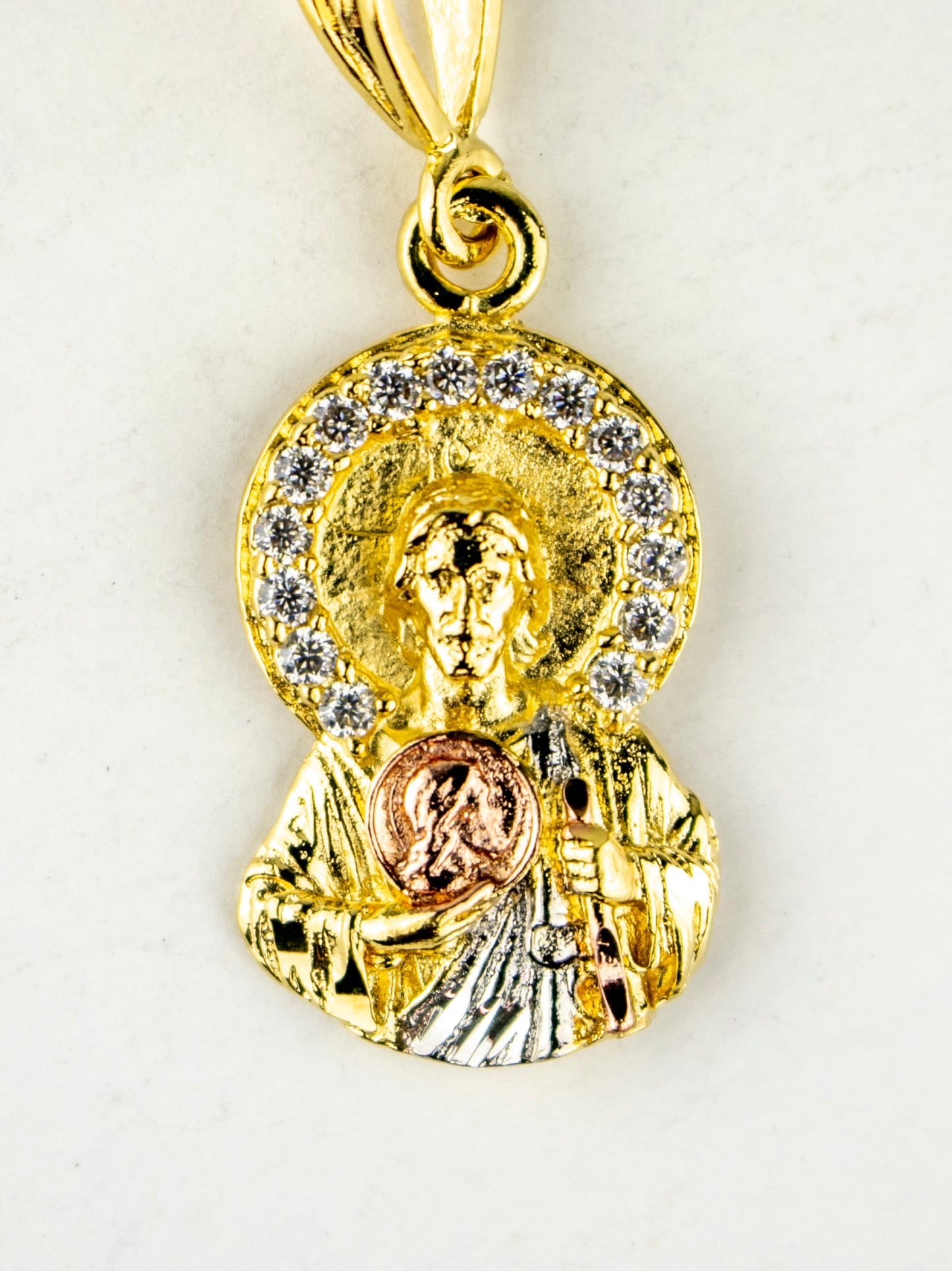 SAN JUDAS CHARM 1" GOLD FILLED & CUBIC ZIRCONIA (R-CH-R-2)